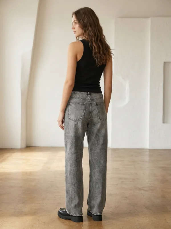 Women's Casual Fashion Grey Washed Wide Leg Denim Jeans