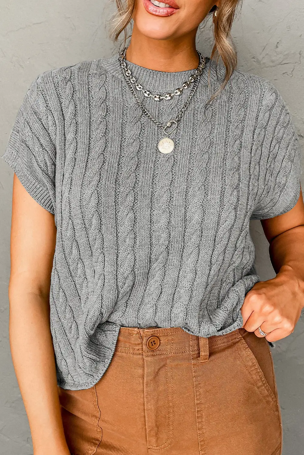 Crew Neck Cable Knit Short Sleeve Everyday Layer Sweater