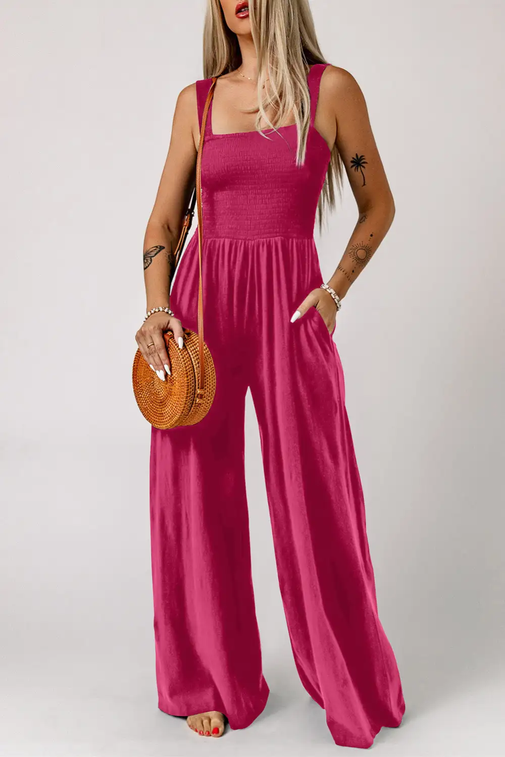 Smocked Square Neck Wide Leg Jumpsuit