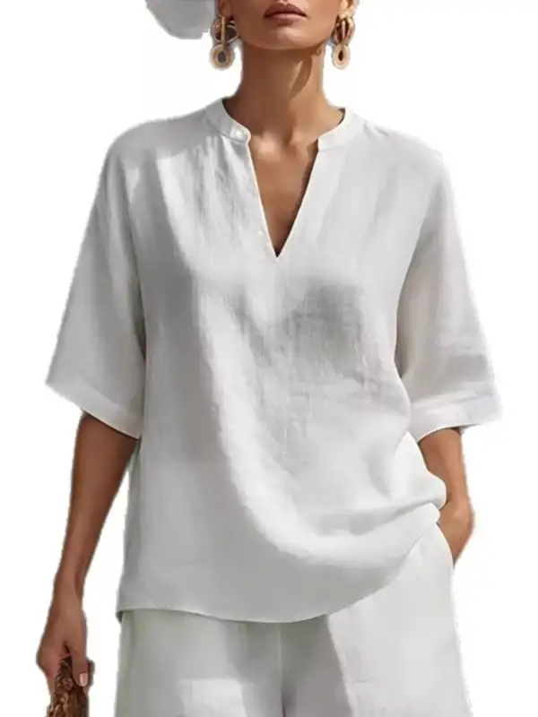 Notched Half Sleeve Top and Shorts Set