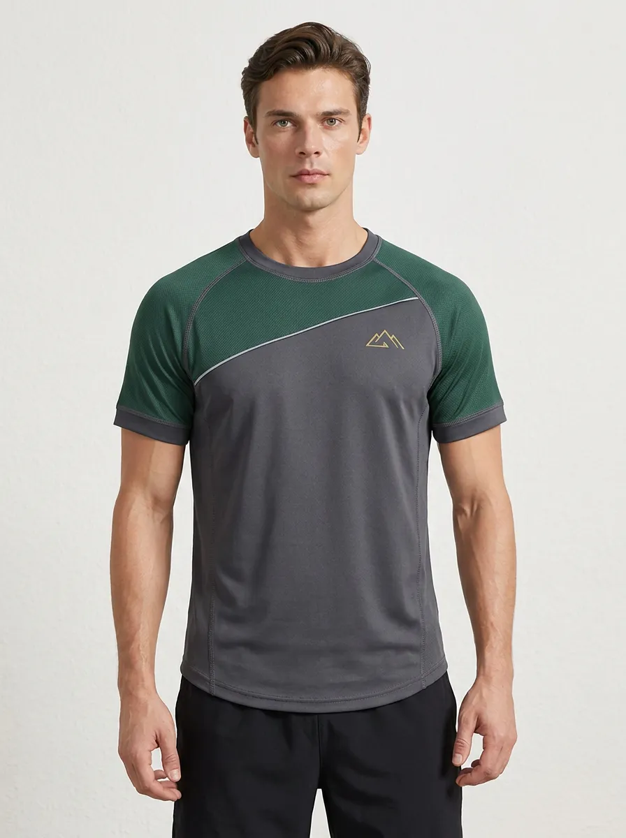 Men's Dark Grey and Green Color-Block Raglan T-Shirt