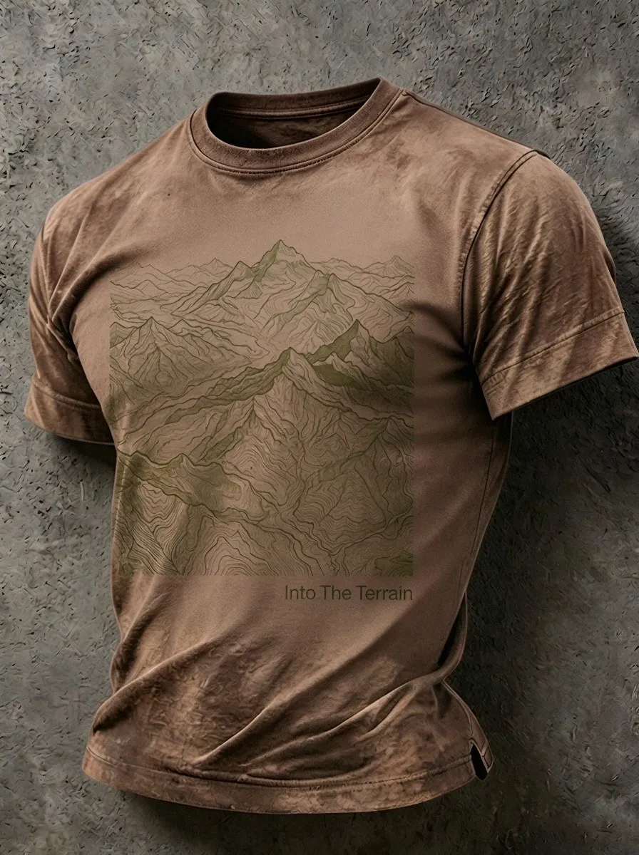 Men's Outdoor Hiking Mountain Topographic Printed T-shirt