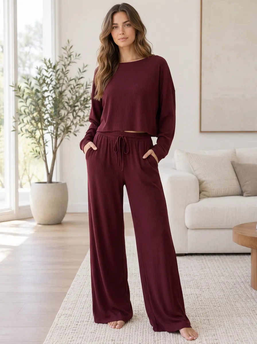 Women's Ribbed Modern Lounge Wide Leg Relaxed Set