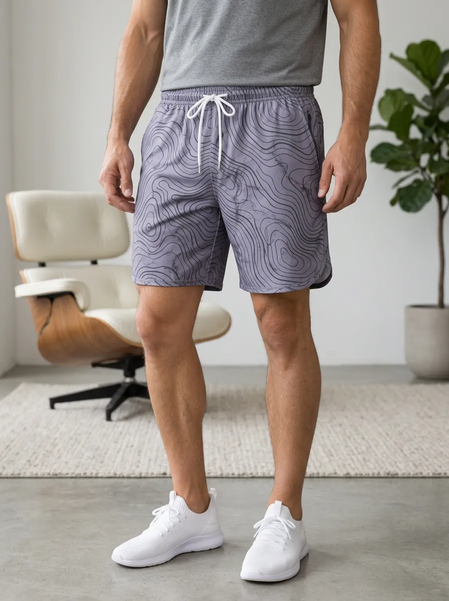 Men's Topographic Print Athletic Shorts Drawstring
