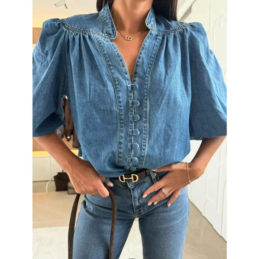 Button Down Puff Sleeve Denim Top