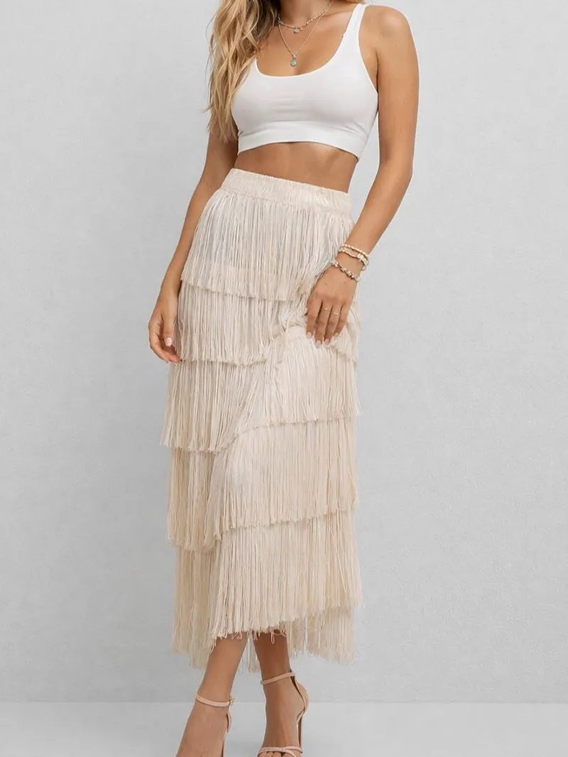 Fringe Solid Color Elastic Waist Midi Skirt