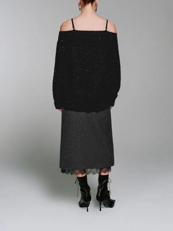 Ladies Black Off-The-Shoulder Elegant And Loose Sweater