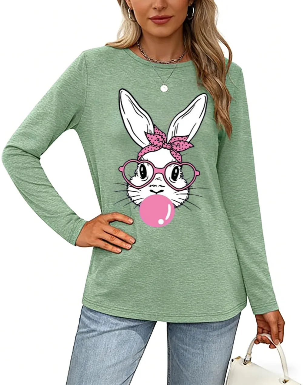 Bubble Rabbit Print Green Long Sleeve T-shirt