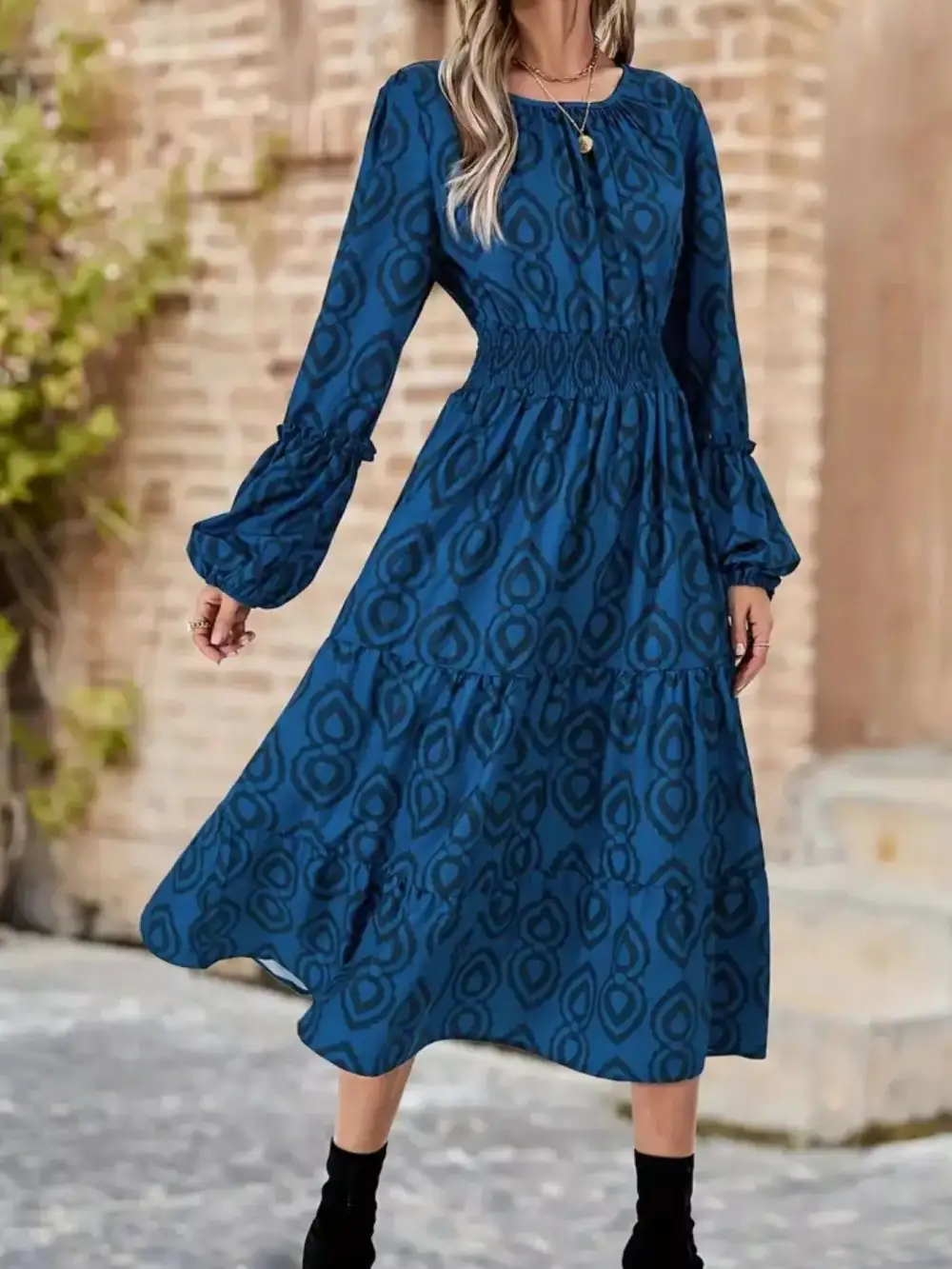 Round Neck Smocked Midi Dress