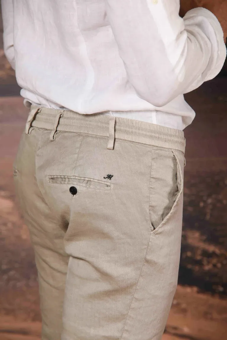Men's Light Beige Cotton and Linen Twill Elastic Waist Slim Fit Trousers