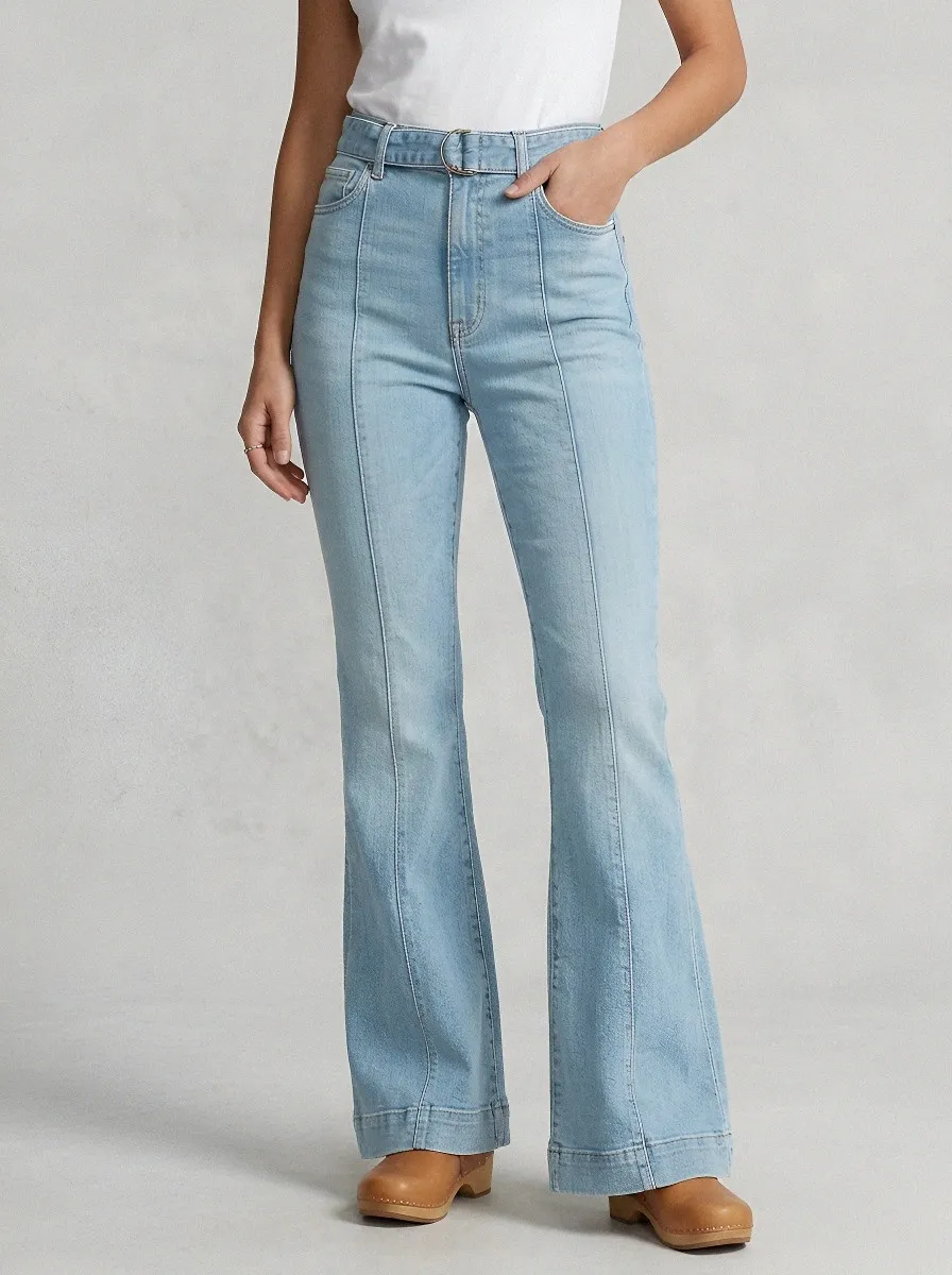 Vintage-Wash Seamed Women's High-Waist Stretch Flare Jeans