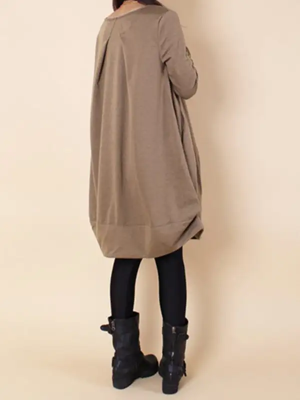 A Line Long Sleeve Pleated Solid Color Round Neck Dress Maxi
