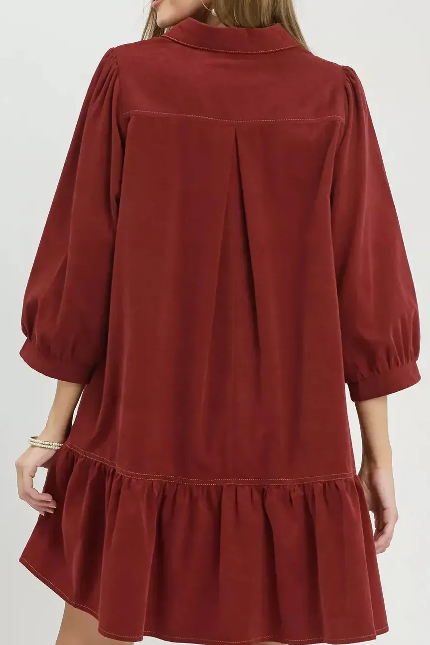 Corduroy Contrast Trim Tiered Babydoll Dress