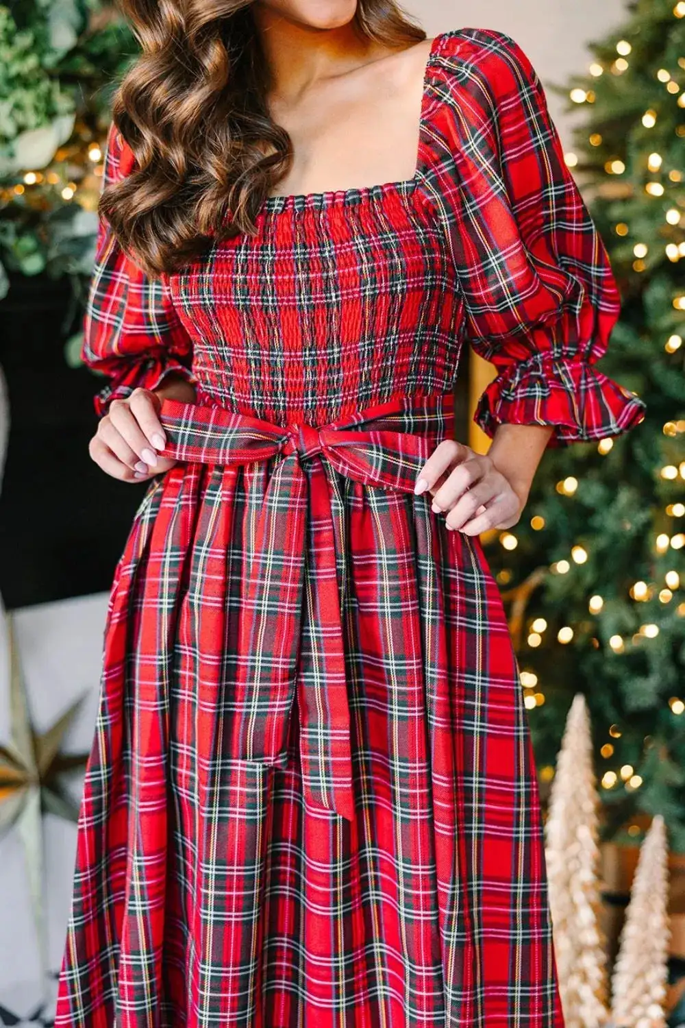 Plaid Smocked Midi Dress