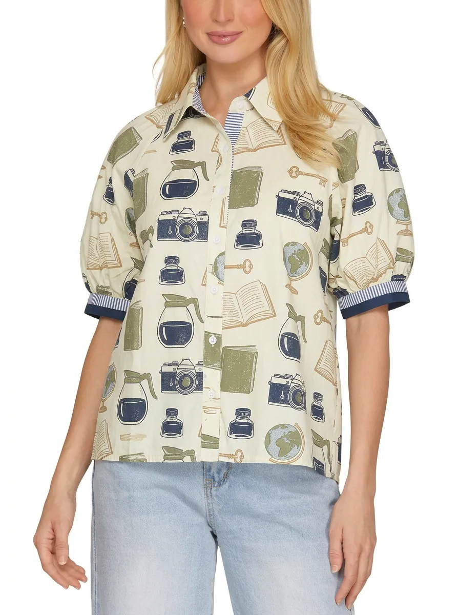 Women's Book Lover Travel Theme Camera Globe Printed Shirt
