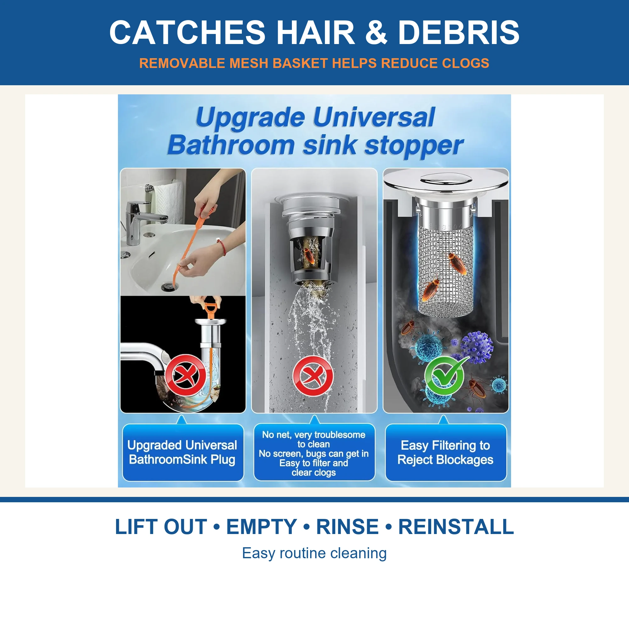 Universal Pop-Up Sink Drain Stopper with Stainless Steel Mesh Basket - Catches Hair and Debris
