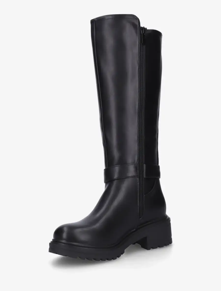 Classic Statement Stretch Panel Strap Detail Block Heel Faux Leather Knee High Boots