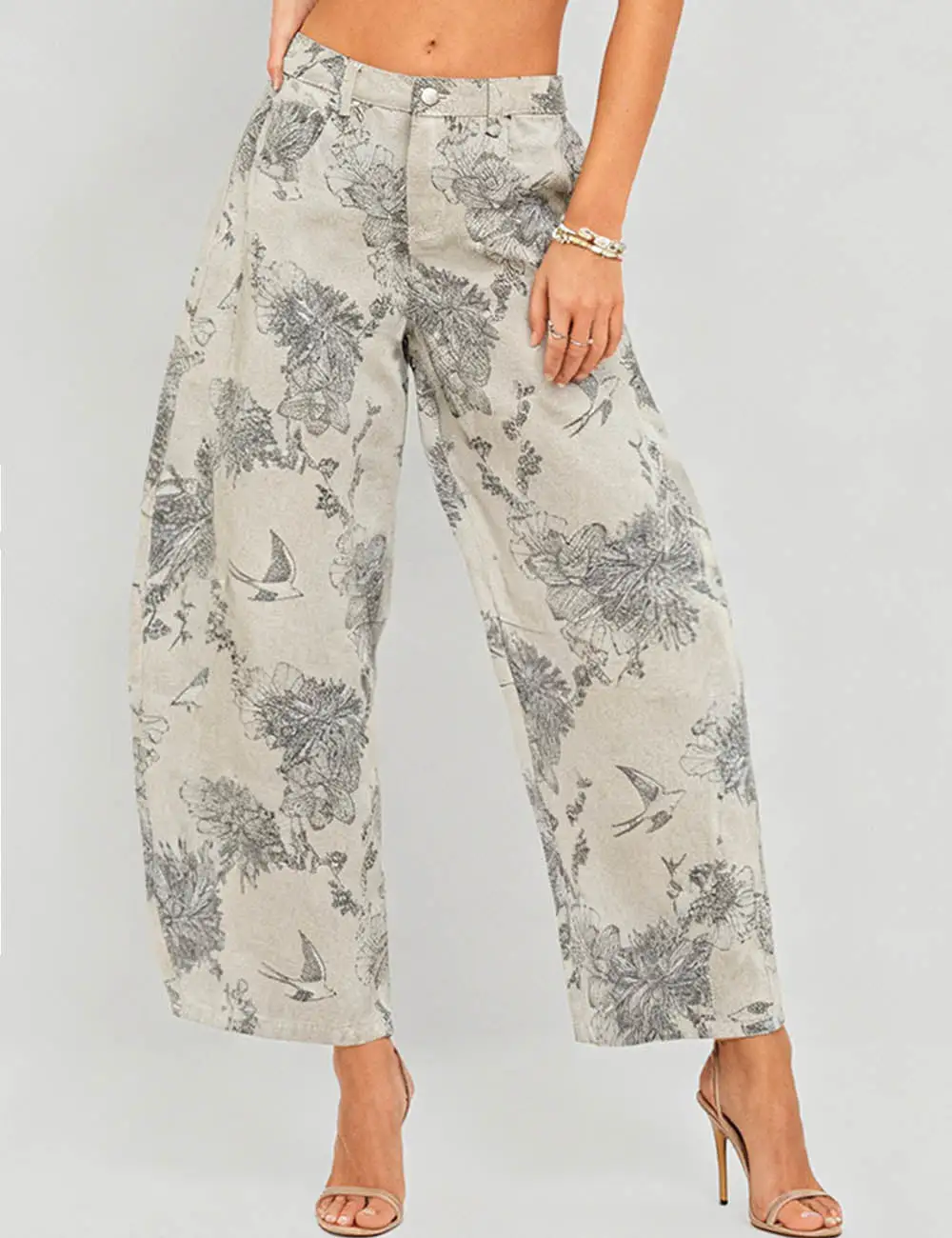 Color Block Floral Print Pocket Barrel Leg Denim Pants