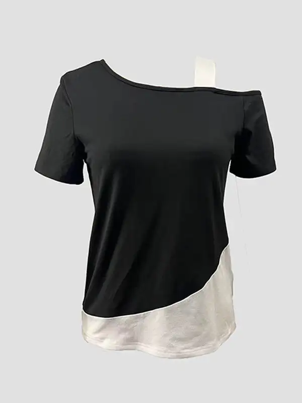 Relaxed Short Sleeve Asymmetric Contrast Panel Detail Cold Shoulder T-Shirt