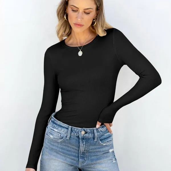 Women's Slim Fit Long Sleeve Crewneck Rib Knit Basic Tee