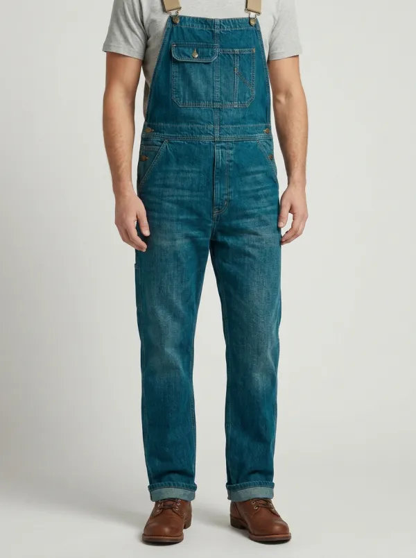 Men's Vintage Blue Denim Straight-Leg Bib Overalls