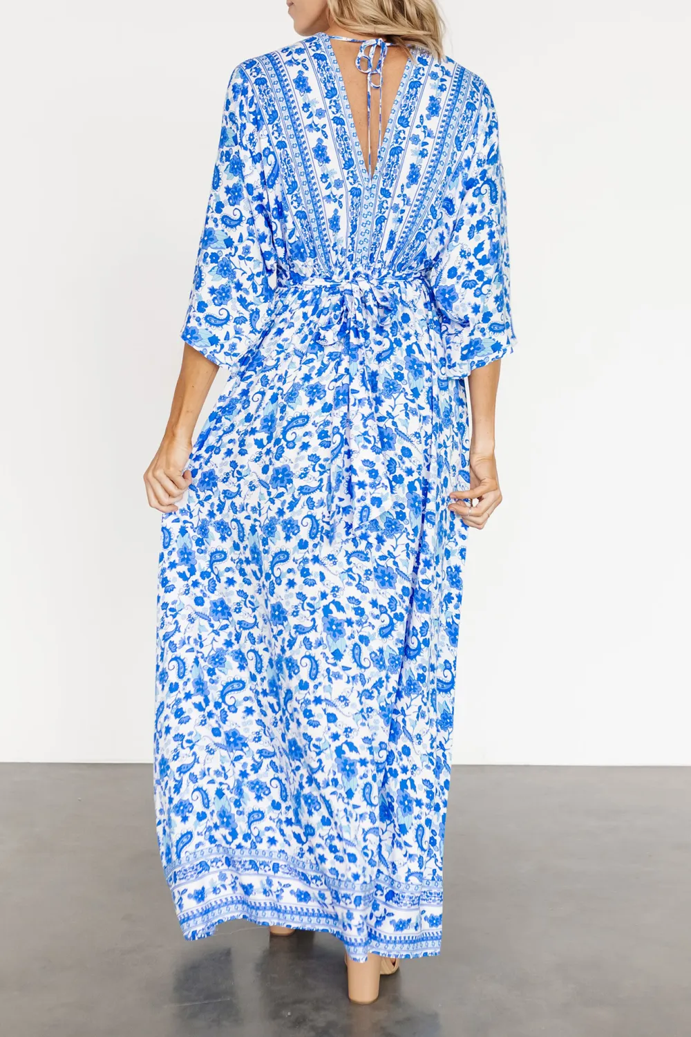 Blue Floral Slit High-Waisted  Dress