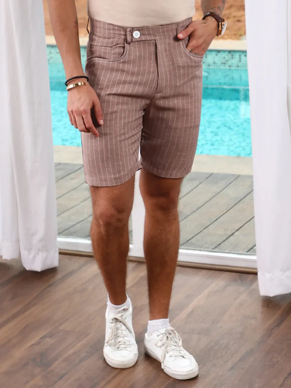 Brown Casual Style Striped Shorts
