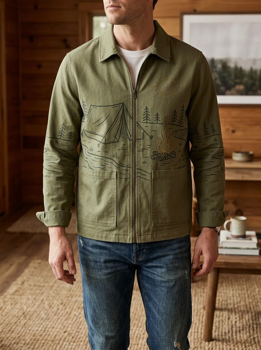 Men's Camping Forest Tent Campfire Rugged Adventure Jacket