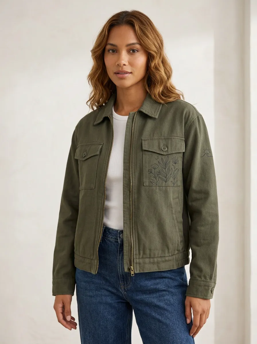 Women's Botanical Floral Printed Olive Jacket