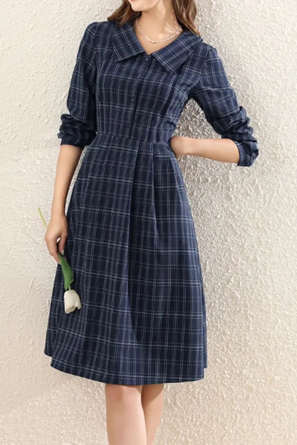 Plaid Polyester Lapel Collar Long Sleeve Midi Dress