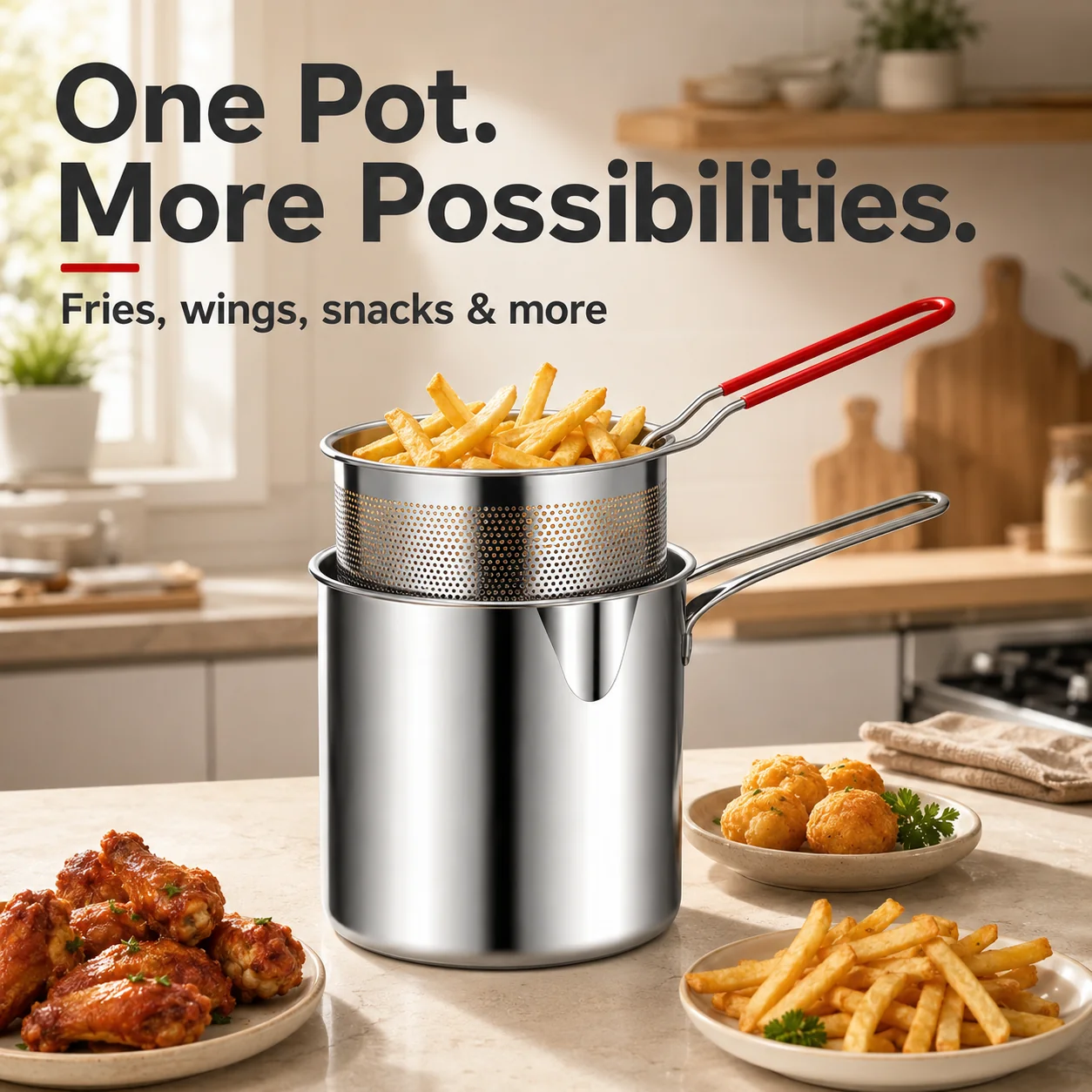 Stainless steel pot and basket for fries and other snacks