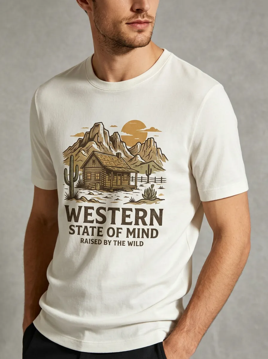 Men's Crewneck Outdoor Heritage Western Cabin Desert Landscape Graphic T-Shirt