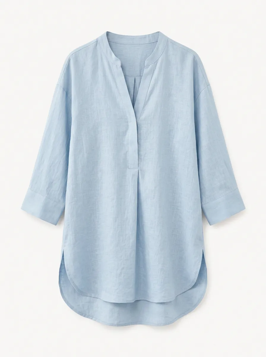 Women's Casual Light Blue V-Neck Linen Blend Tunic Top