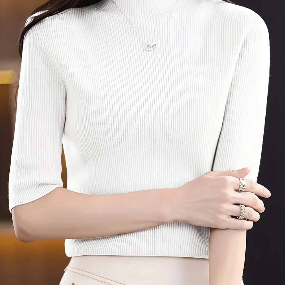 Mock Neck Knitted Top Casual Short Sleeve