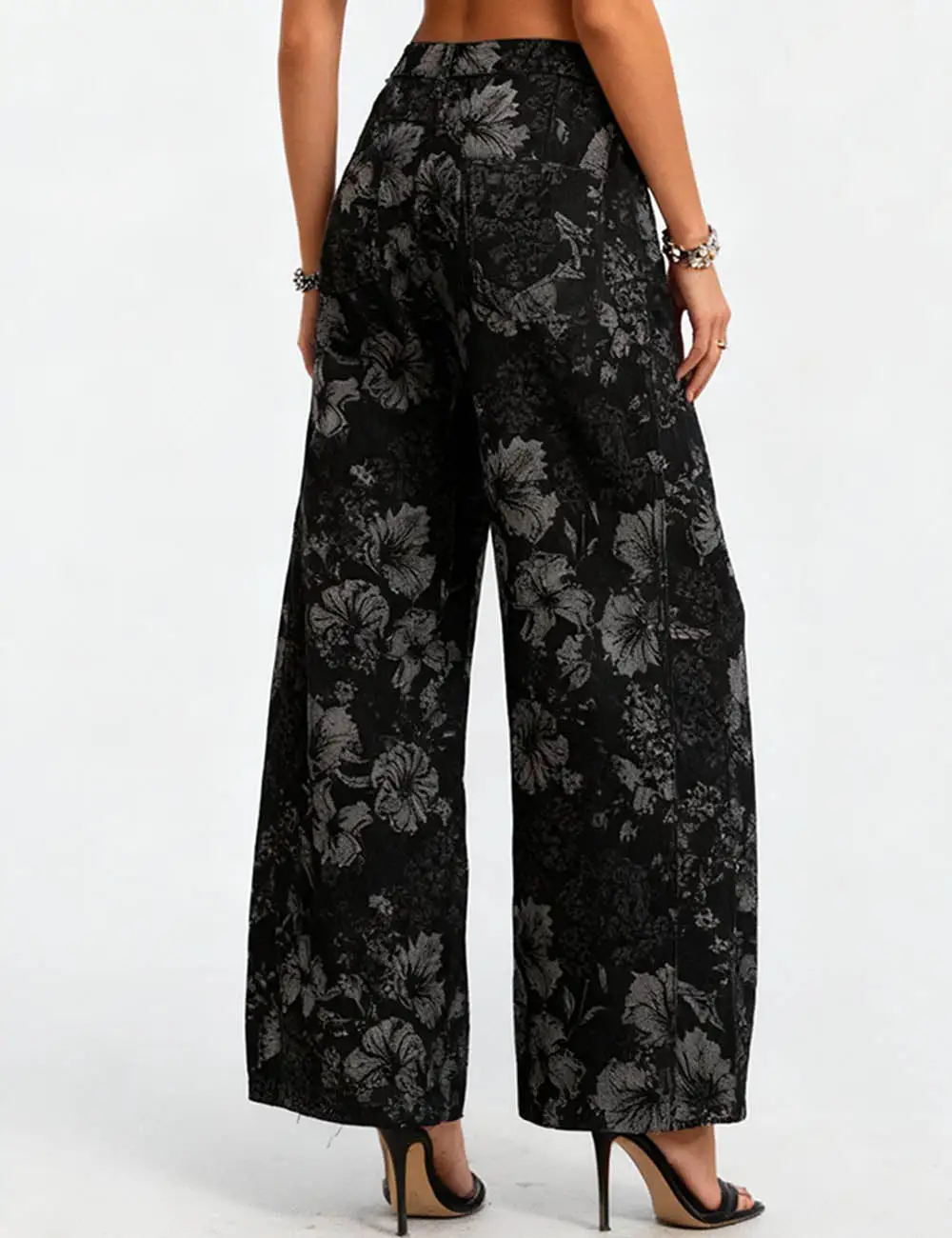 Vintage Denim Pants Floral Print Barrel Pants