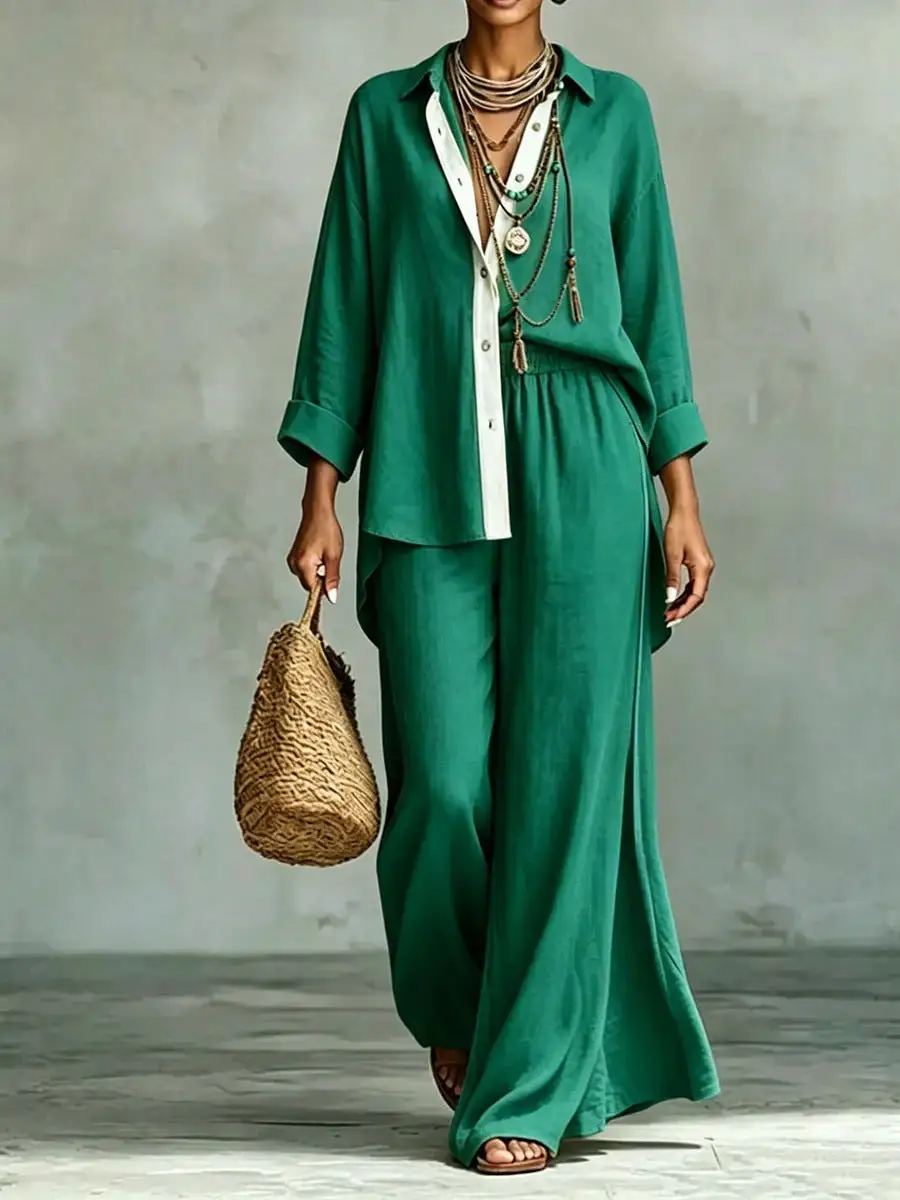 Long Sleeve Relaxed Blouse And Pants Set
