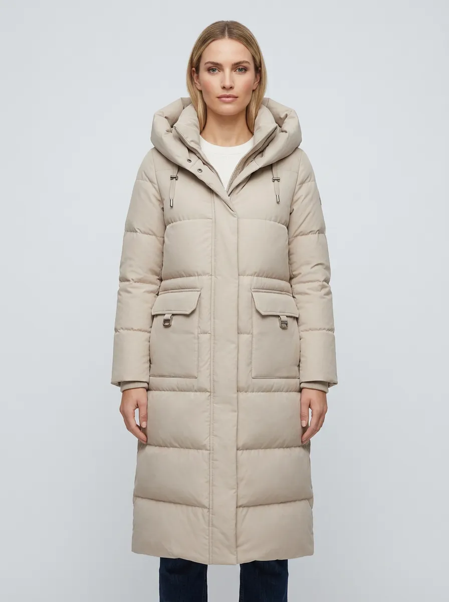 Insulated-Look Padded Long Hooded Coat