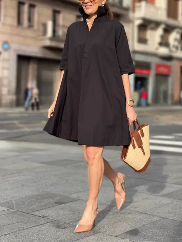 A Line Short Sleeve Solid Color Split Joint Lapel Mini Dress