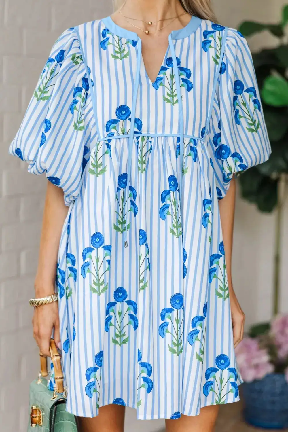 Print Tie Notched Neck Puff Sleeve Flared Mini Dress