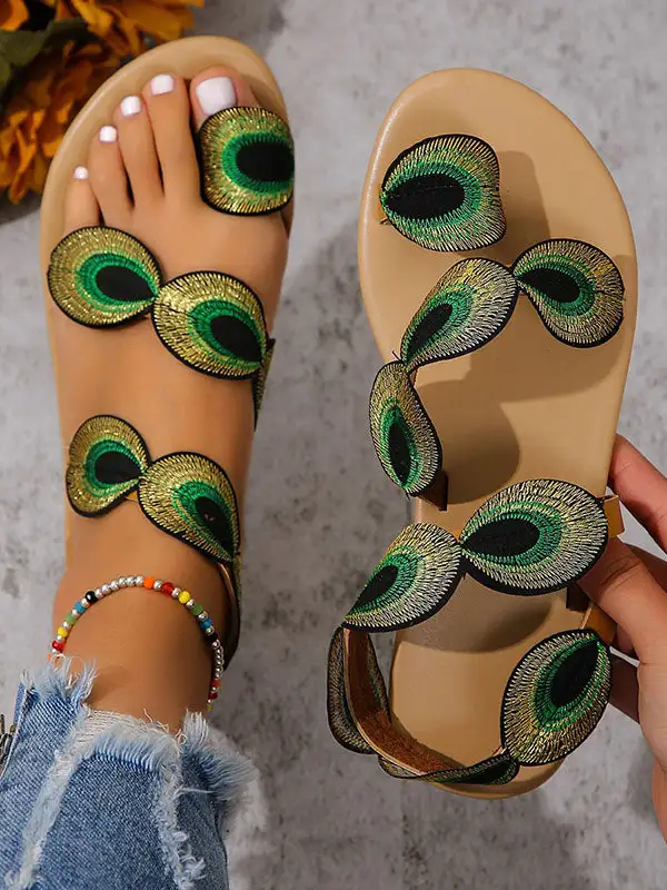 Embroidered Open-Toe Panel Detail Flat Sandals