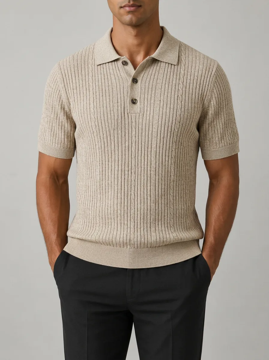Men's Casual Beige Ribbed Knit Button Polo Shirt