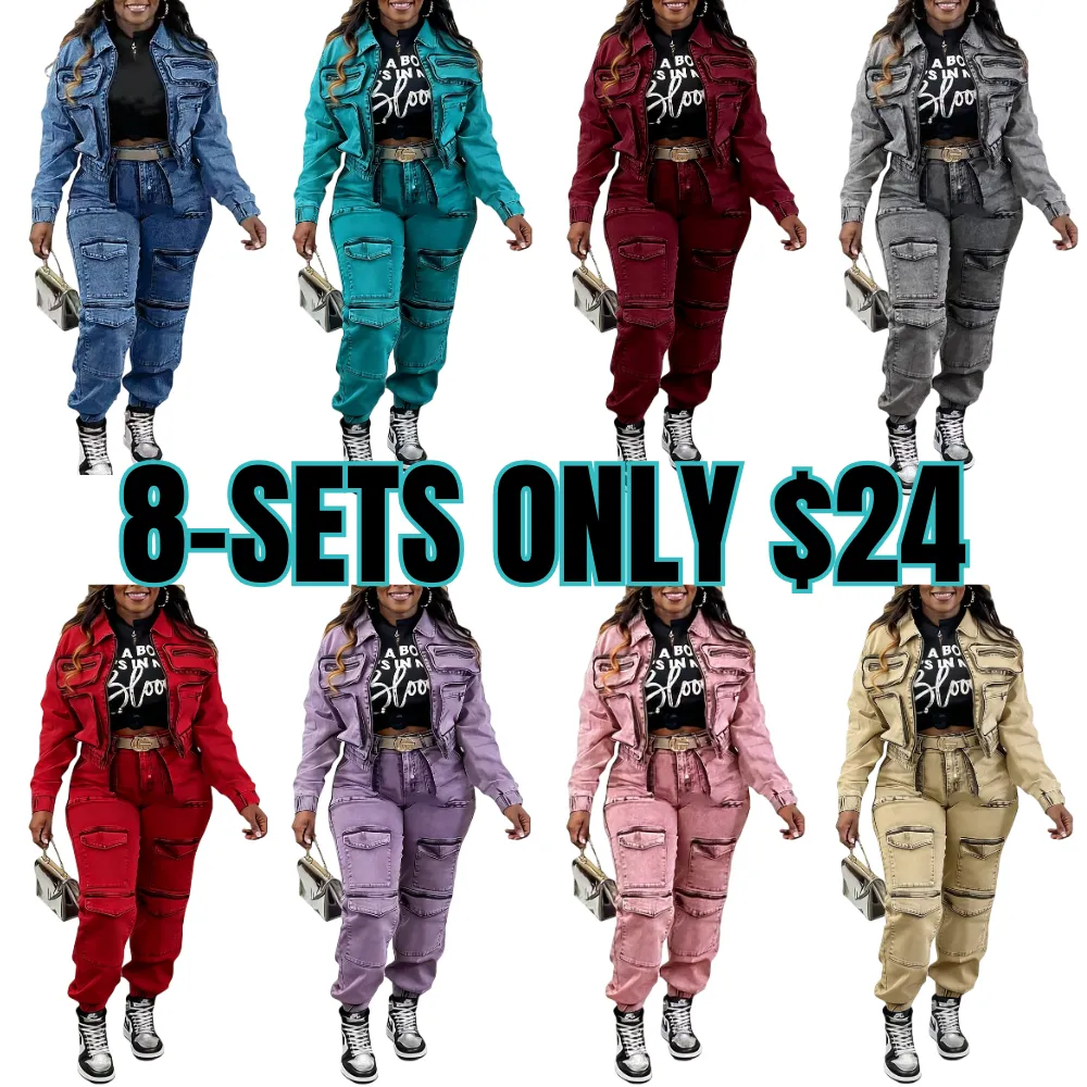 Two-Piece Women's Fashion Sexy High Elastic Multi-Pocket Washed Denim Casual Set