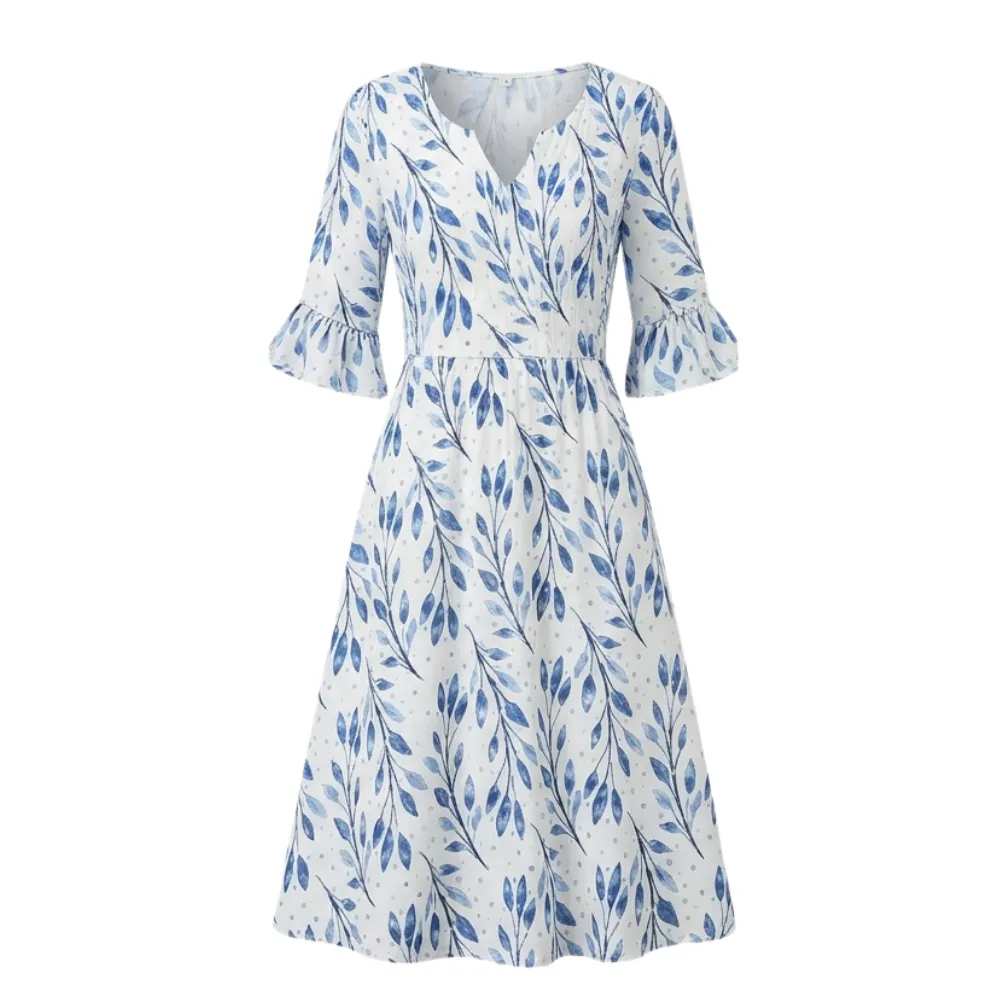 V Neck Floral Flutter Midi Dress