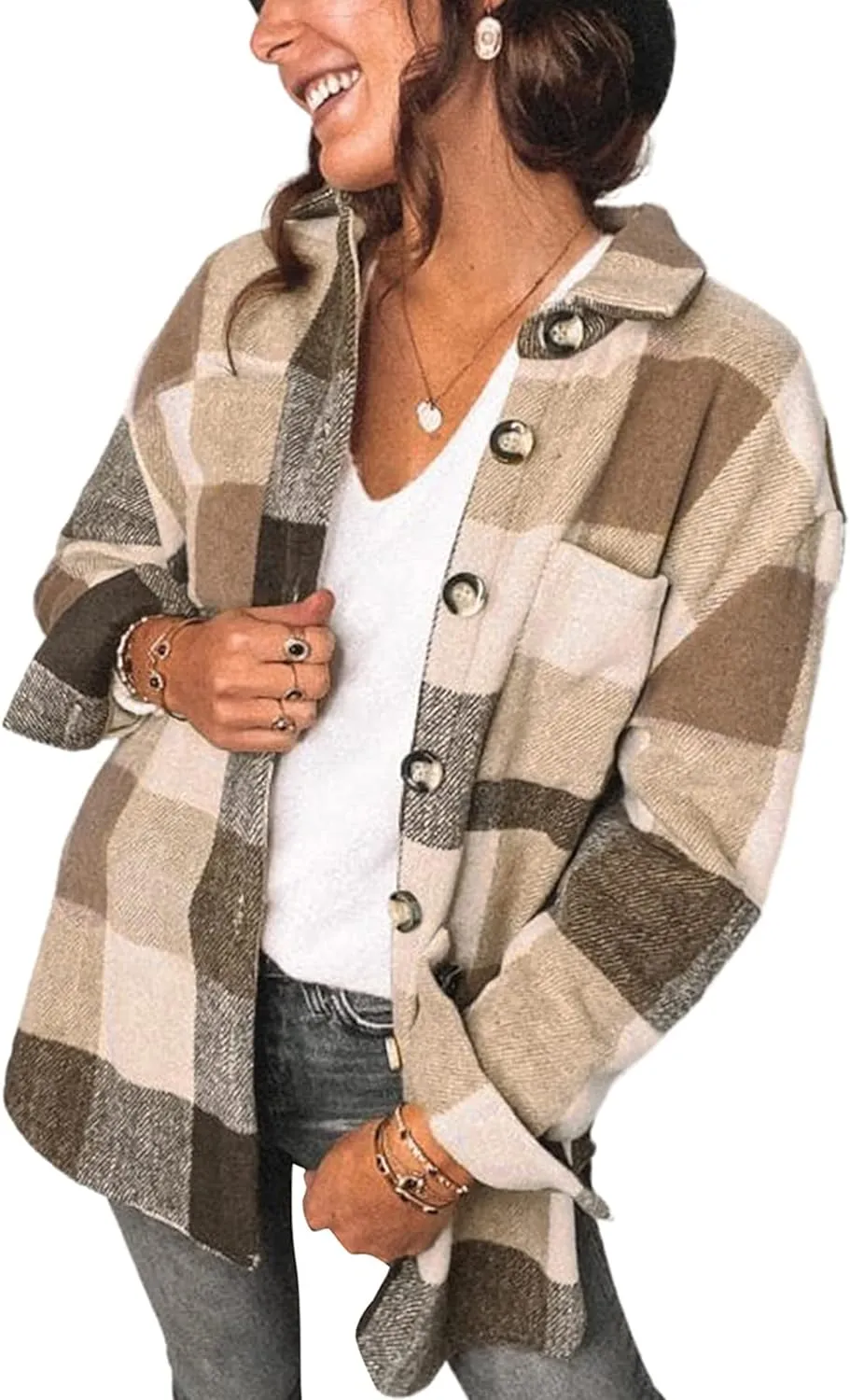 Women's 2023 Fall Clothes Plaid Shacket Jacket Long Sleeve Button Down Flannel Shirts Fashion Blouse