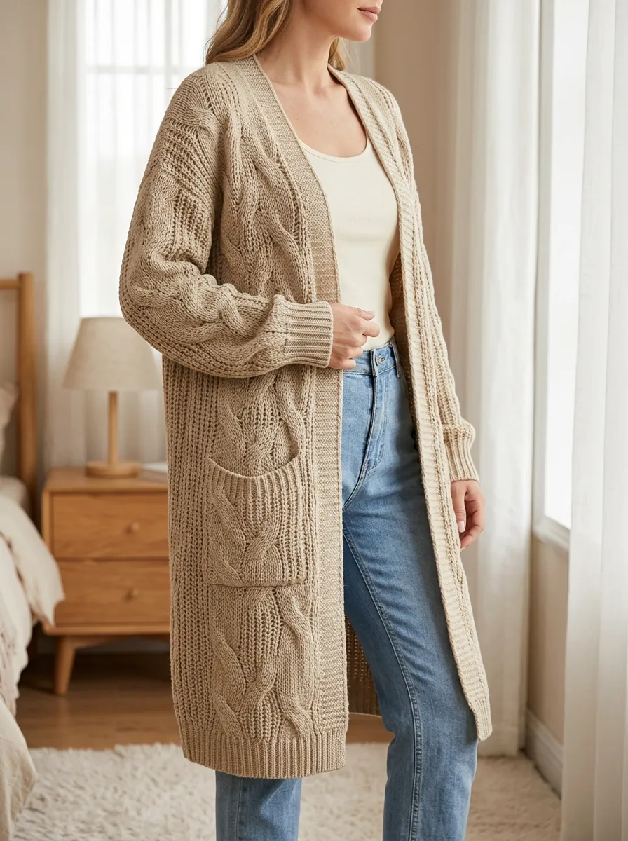 Women's Cable Knit Open-Front Intricate Cable-Knit Detailing Long Cardigan
