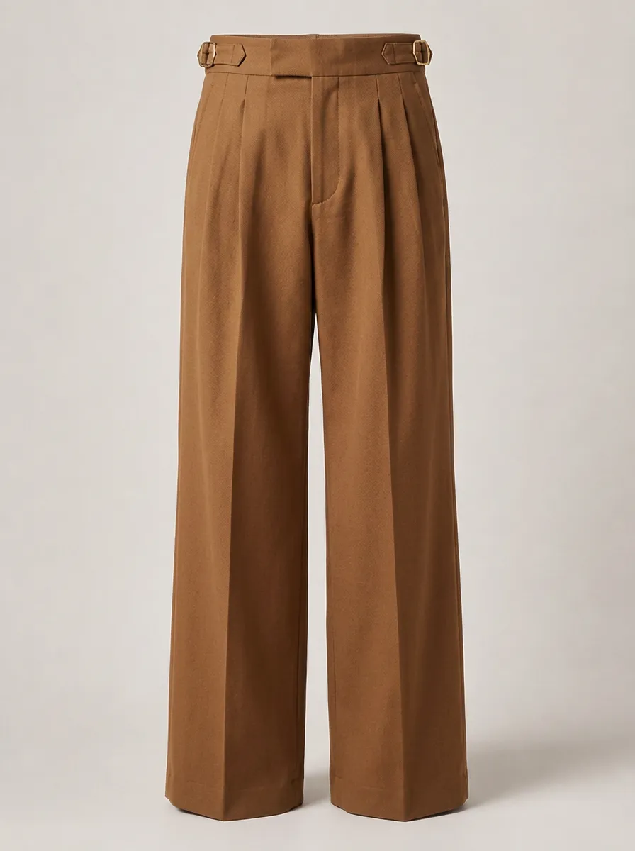 Men's Brown Pleated Side-Buckle Wide Leg Trousers