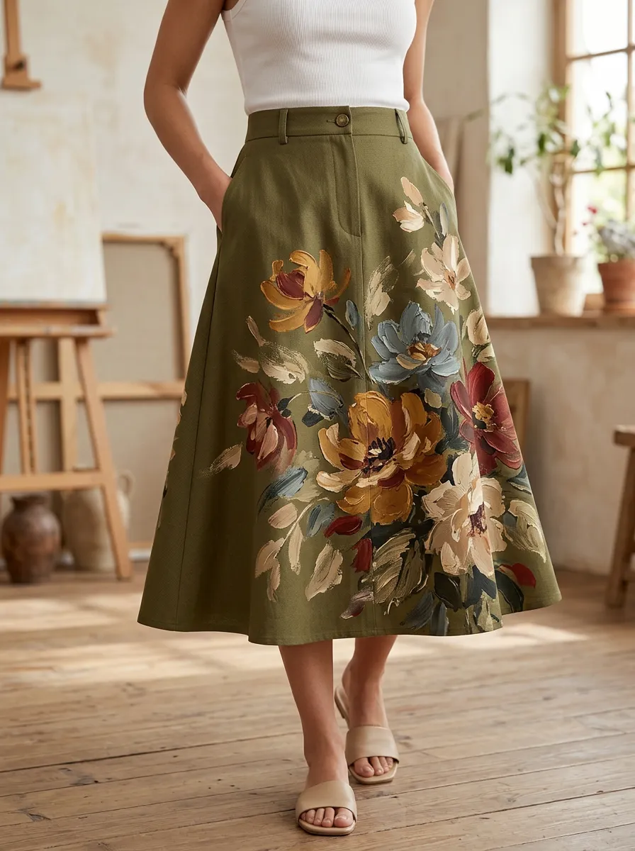 Women's Vintage Floral Art Olive Green Printed A-line Skirt