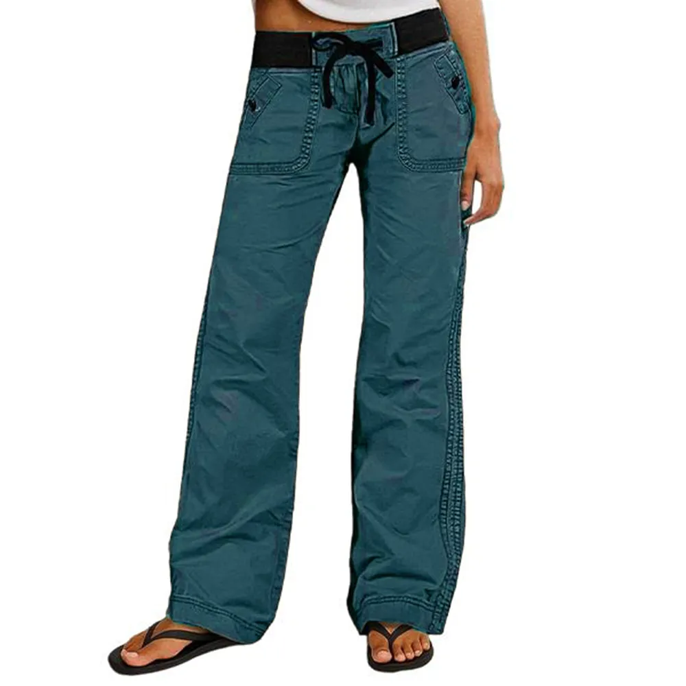 Solid Seam Detail Drawstring Mid Rise Straight Leg Pants