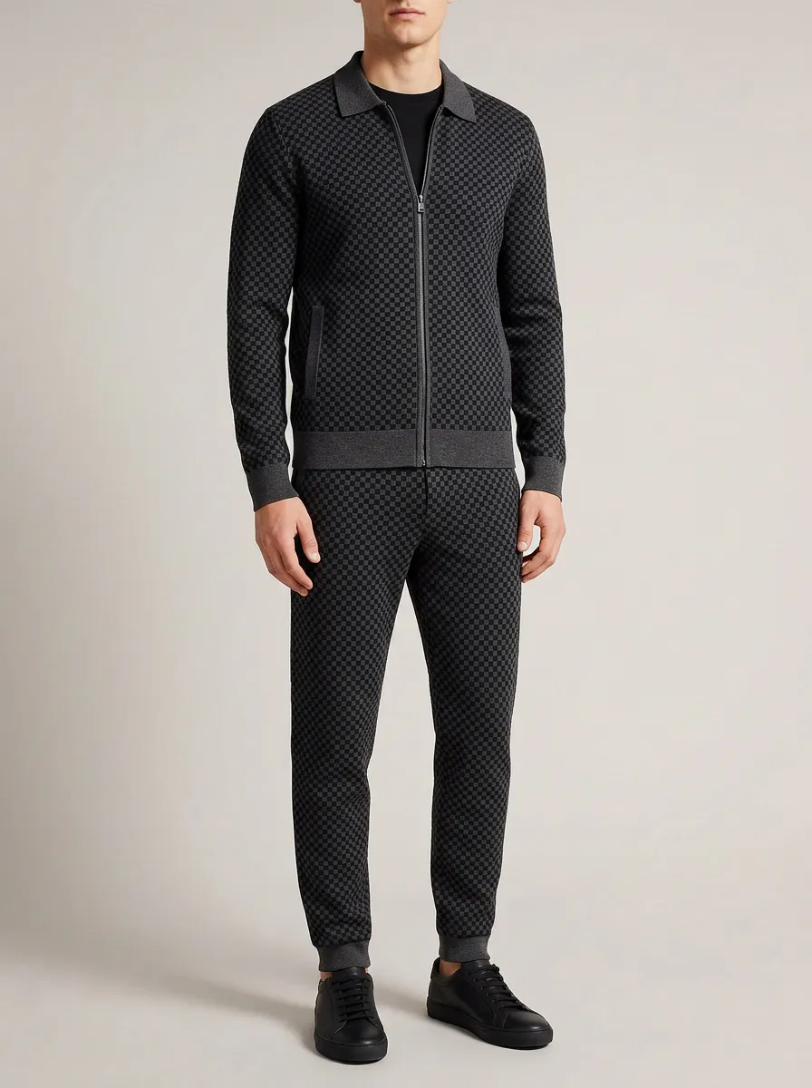 Men's Classic Textured Polo Collar Jacket and Jogger Pants Set