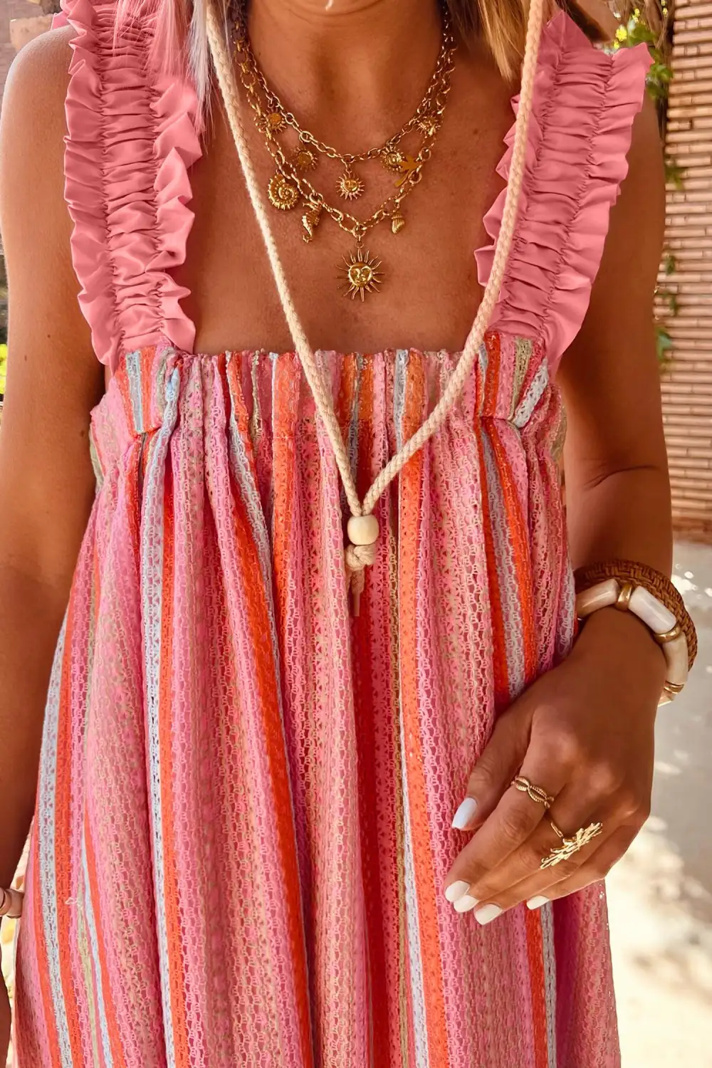 Striped Ribbed Ruffle Maxi Dress